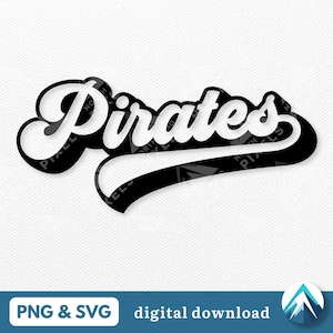 スポーティパイレーツデジタルダウンロード、PNGおよびSVG、透明、影付きレトロ野球スタイル、学校のスポーツチーム向け、マスコットデカール