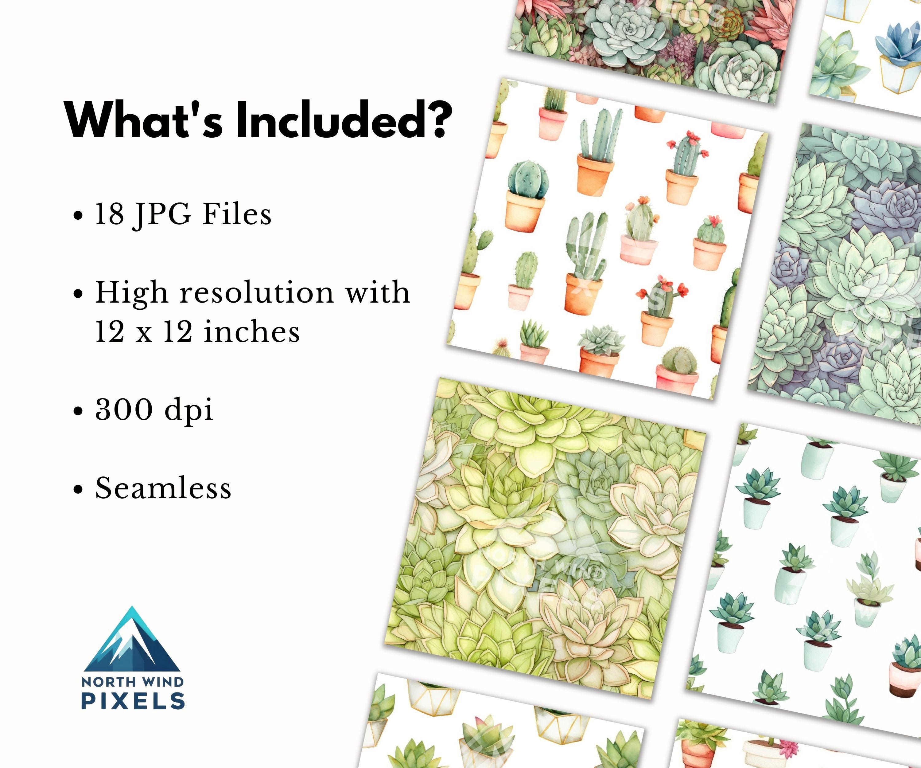 18 Watercolor Succulents Digital Papers, Seamless Pattern, 12x12, JPG ...