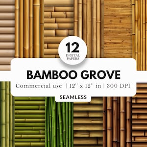 Puede incluir: Doce papeles digitales con diferentes patrones de bambú. Los papeles miden 30,48 cm por 30,48 cm y 300 DPI. El texto "BAMBOO GROVE" se muestra en un rectángulo blanco con el texto "Commercial use | 12" x 12" in | 300 DPI" debajo y el texto "SEAMLESS" debajo de eso.