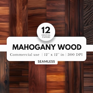 12 Paquete de papel digital de madera de caoba, patrón sin costuras, 12x12, descarga JPG, textura de grano de madera oscura, telón de fondo de madera, para diseño de sublimación