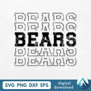 ベアーズデジタルダウンロード、SVG PNG DXF EPS、透明背景、フェードアウト付き大学代表フォント、ユーススクールスポーツチーム向け、マスコット