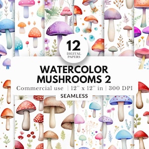 Lot de 12 champignons aquarelles 2, motif transparent, 12 x 12, fichier à télécharger JPG, champignons et champignons vénéneux, forêt magique
