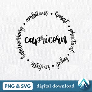 Eigenschappen Steenbok digitale download, PNG en SVG, ronde cirkelvorm, transparante achtergrond, sterrenbeeldkenmerken, cursief schrijven