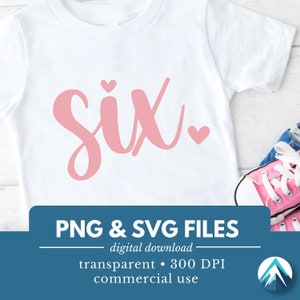 Nummer zes, digitale download, png- en SVG-bestanden, transparant, klein hartje, cursief, babyroze, gelukkige verjaardag, I'm Six-clipart