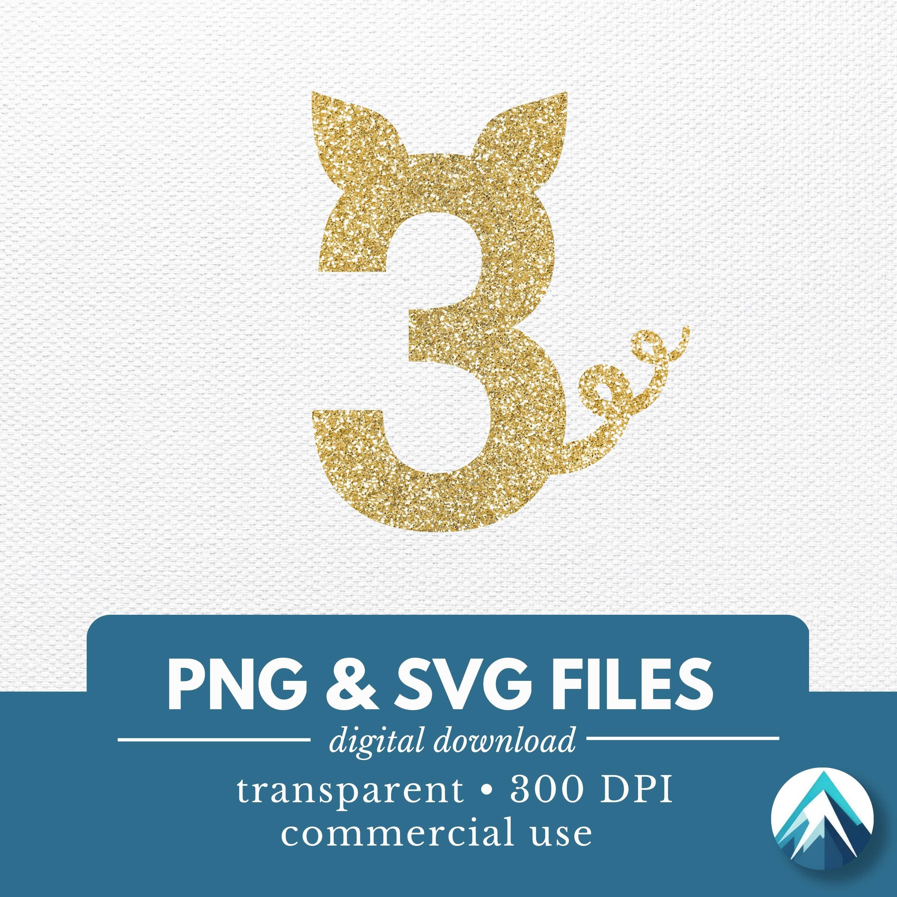 3 Pig Birthday Number, PNG and SVG files, Digital Download, Cute Little Pig Ears, Curly Tail, 3rd Birthday, For Cake Toppers, Signs, Shirts