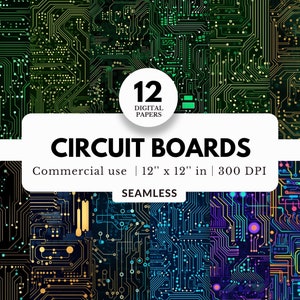 May include: A collection of 12 digital papers featuring colorful circuit board designs. The papers are 12" x 12" in size and are suitable for commercial use. The designs include intricate patterns in shades of green, blue, and gold.