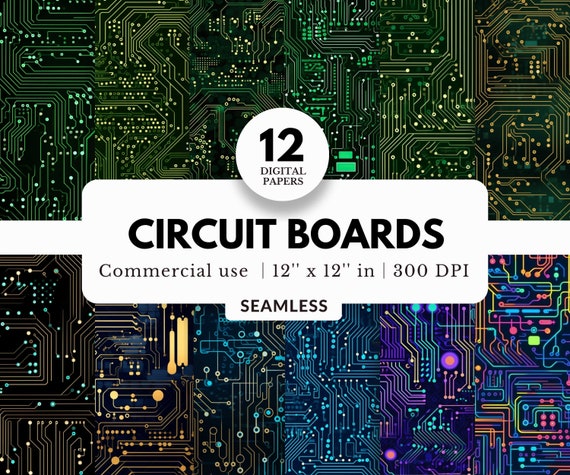 12 Circuit Board Digital Paper Bundle, Seamless Pattern, 12x12, Neon Futuristic Cyberpunk, Computer Mother Board, For Wallpaper and Backdrop