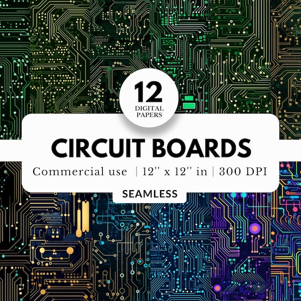 12 Circuit Board Digital Paper Bundle, Seamless Pattern, 12x12, Neon Futuristic Cyberpunk, Computer Mother Board, For Wallpaper and Backdrop