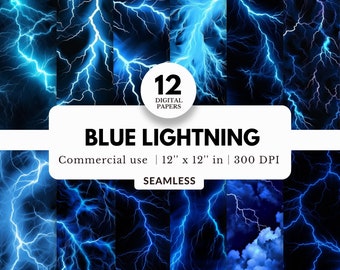 12 Blue Lightning Digital Papers, Seamless Patterns, 12x12, JPG Download, Black Background, Lightning Bolts and Strikes, For Sports Portrait
