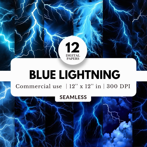 12 Blue Lightning Digital Papers, Seamless Patterns, 12x12, JPG Download, Black Background, Lightning Bolts and Strikes, For Sports Portrait