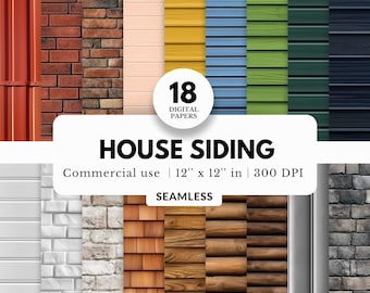 18 House Siding Digital Papers, Seamless Textures, 12x12, Realistic Exteriors Dollhouse, Red Brick, Painted White Brick, Vinyl, Sheet Metal