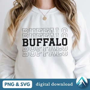 May include: White sweatshirt with the word "BUFFALO" printed in black letters, repeated in a stacked, staggered pattern.