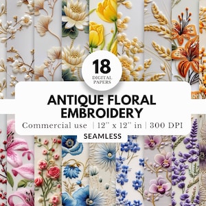 18 papiers numériques pour broderie florale antique, motifs sans couture, 12 x 12, jolies et belles fleurs, fonds en lin neutres, printemps