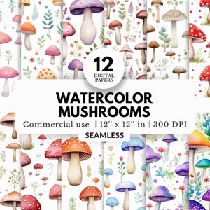 Papel digital de 12 cogumelos em aquarela, padrões sem emenda, 12x12, download JPG, cogumelos vermelhos, lindas ilustrações em pastel, fundo branco