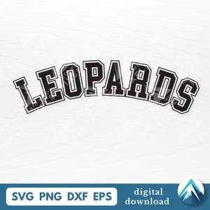 May include: A digital graphic design featuring the word LEOPARDS in a bold, black, collegiate-style varsity font with a white outline, arranged in a slight upward arch. The text is presented against a plain white background for clear visibility.