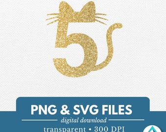 Könnte beinhalten: Goldene Glitzerzahl fünf in Form einer Katze mit Schwanz. PNG- und SVG-Dateien, digitaler Download, transparent, 300 DPI, kommerzielle Nutzung.