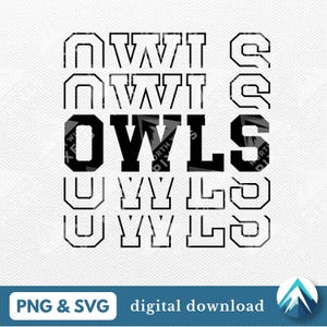 Digitale download uilen, PNG- en SVG-bestanden, transparante achtergrond, College Varsity-lettertype met fade-out, voor sportteam, vogelmascotte, kleding
