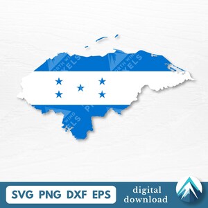 May include: A blue and white graphic of the Honduras map, featuring the Honduran flag design. The flag design includes a white stripe with five blue stars, and blue borders. The image also includes the text "SVG PNG DXF EPS" and "digital download."