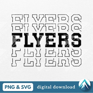Puede incluir: Diseño gráfico en blanco y negro con el texto "Flyers" repetido varias veces en un patrón apilado. El texto está en una fuente en negrita y de bloques.