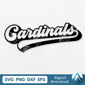Może przedstawiać: Czarno-biały projekt graficzny słowa "Cardinals" w czcionce skryptowej. Słowo jest obrysowane na czarno z białym wypełnieniem, a czarny swoosh podkreśla tekst. Obraz zawiera również tekst "SVG PNG DXF EPS" i "digital download".