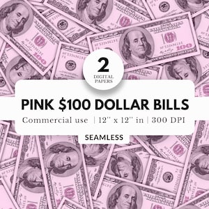 Rosa 100 Dollarscheine Digitale Papiere, Nahtloses Muster, 2 Dateien, JPG Download, Bargeld, Geldstapel als Geschenkpapier