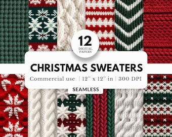 12 Christmas Sweaters Digital Papers, Seamless Knitted Textures, 12x12, Soft Wool Sweaters, Cozy Blankets, Red White Green, Xmas Backgrounds