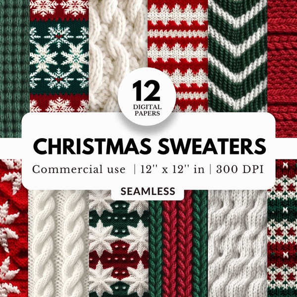 12 Christmas Sweaters Digital Papers, Seamless Knitted Textures, 12x12, Soft Wool Sweaters, Cozy Blankets, Red White Green, Xmas Backgrounds