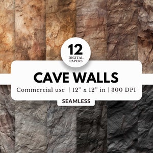 12 papeles digitales de pared de cueva, texturas sin costuras, 12x12, archivos JPG, subterráneo oscuro, fondos de caverna, para imprimibles, diseños de sublimación
