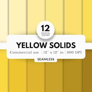 May include: Twelve digital papers featuring solid yellow colours. Each paper is 12 inches by 12 inches and 300 DPI. The papers are seamless and for commercial use.