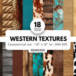 18 Western Texture Digital Papers, Seamless Patterns, 12x12, Wild West Backgrounds, Southwest Turquoise, Rustic Cowboy, Leather Cow Hide