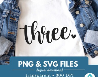 Three Birthday Number, Digital Download, PNG and SVG file, Transparent, Cute Small Heart, Cursive Script, 3rd Birthday, 3 Year Old, T-Shirts