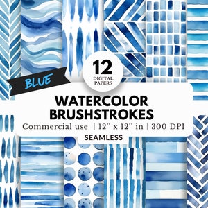 Könnte beinhalten: Eine Sammlung von 12 digitalen Papieren mit Aquarellpinselstrichen in verschiedenen Blautönen. Jedes Papier hat ein nahtloses Design und misst 30,48 cm x 30,48 cm. Der Text "BLAU" und "WATERCOLOR BRUSHSTROKES" ist enthalten.