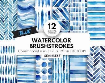 12 papéis digitais com pinceladas de aquarela azul, padrões sem costura, 12x12, download JPG, minimalista, design simples, linhas, bolinhas, ondas