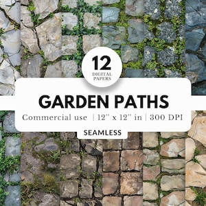May include: Twelve digital papers featuring seamless patterns of stone garden paths with green moss and grass growing between the stones. The patterns are 12 inches by 12 inches and 300 DPI.