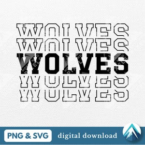 Wolves Digital ダウンロード、PNG および SVG ファイル、透明な背景、フェードアウト付き大学代表フォント、スポーツ チーム マスコット、スウェットシャツ用
