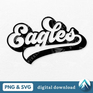 May include: Black and white graphic design of the word "Eagles" in a retro, vintage style font. The word is curved and has a black and white striped background.