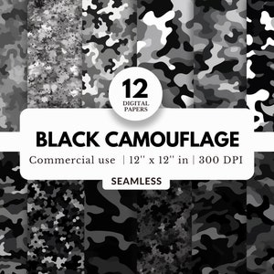 12 papiers numériques camouflage noir, Motifs sans couture, 12 x 12, JPG, Armée de terre, thème militaire, Monochrome, Pour emballages de verres, Toiles de fond, Papiers peints
