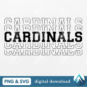 Puede incluir: Diseño gráfico digital con la palabra "CARDINALS" en un patrón apilado y repetido. Las filas superior e inferior están delineadas, mientras que la fila central es negra. El diseño incluye el texto "PNG & SVG digital download" en la parte inferior.