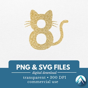 Numéro d'anniversaire de chat, fichier PNG et SVG, téléchargement numérique, Transparent, oreilles et queue de chaton, 8e anniversaire, pour décoration de gâteau, enseigne, chemises