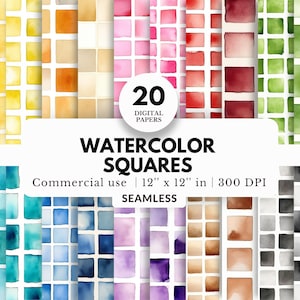 Peut inclure: Vingt papiers numériques avec des carrés aquarelle dans différentes couleurs, y compris le jaune, l'orange, le rouge, le vert, le bleu, le violet, le marron et le gris. Chaque papier mesure 30,5 cm sur 30,5 cm et 300 DPI. Les papiers sont sans couture et peuvent être utilisés à des fins commerciales.