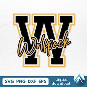 Może przedstawiać: Czarno-złota grafika z napisem "Wolfpack" w skrypcie na dużej literze "W". "W" ma złoty kontur, a tekst jest również złoty. Na dole obrazu znajduje się tekst "SVG PNG DXF EPS" i "digital download".