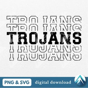 Trojans Digital ダウンロード、PNG および SVG ファイル、透明な背景、アウトラインがかすれた積み重ねられた大学の Varsity フォント、学校のスポーツ チーム用
