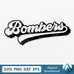 Sporty Bombers Digital Download, Svg Png Dxf Eps Transparent Clipart, Retro Baseball Style with Shadow Effect, Underline, Digital Artwork