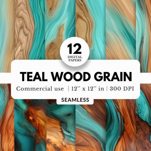 May include: Twelve digital papers featuring a teal and brown wood grain pattern. The papers are 12 inches by 12 inches and 300 DPI. The text "TEAL WOOD GRAIN" is displayed in a white rectangle. The text "Commercial use | 12" x 12" in | 300 DPI" is displayed below the title. The text "SEAMLESS" is displayed below the commercial use information.