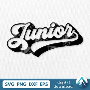 Może przedstawiać: Czarno-biała grafika słowa "Junior" w czcionce skryptowej. Słowo jest obrysowane na czarno z białym wypełnieniem, na czarnym tle. Dół projektu ma zakrzywiony kształt. Obraz zawiera również tekst "SVG PNG DXF EPS" i "digital download".