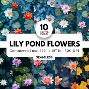 10 papéis digitais Lily Pond Flowers, padrão Tileable, 12x12, download JPG, nenúfar, almofada de lírio verde, para sublimação, envoltório de copo, estampas