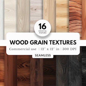 16 papeles digitales de textura de grano de madera, patrones sin costuras, 12x12, fondos simples de madera clara y oscura, para plantillas, maquetas, sublimación