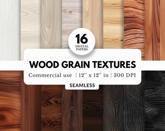 16 Wood Grain Texture Digital Papers, Seamless Patterns, 12x12, Simple Light and Dark Wood Backgrounds, For Templates, Mockups, Sublimation