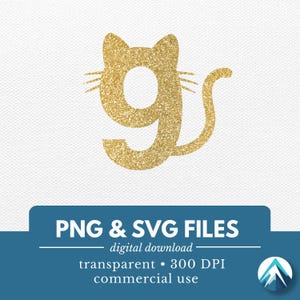 9 verjaardagsnummer kat, PNG- en SVG-bestand, digitale download, transparant, Kitty Cat oren en staart, 9e verjaardag, voor taarttopper, bord, shirts