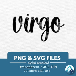 Könnte beinhalten: Schwarzweiß digitaler Download des Wortes "Virgo" in einer handschriftlichen Schriftart. Der Text befindet sich auf einem weißen Hintergrund mit einem blauen Banner am unteren Rand, auf dem "PNG & SVG FILES, digitaler Download, transparent, 300 DPI, kommerzielle Nutzung" steht.